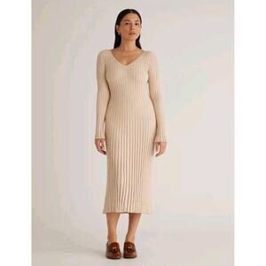 Quince Cream Ribbed Cotton Cashmere Long Sleeve Sweater Midi Dress Size Large